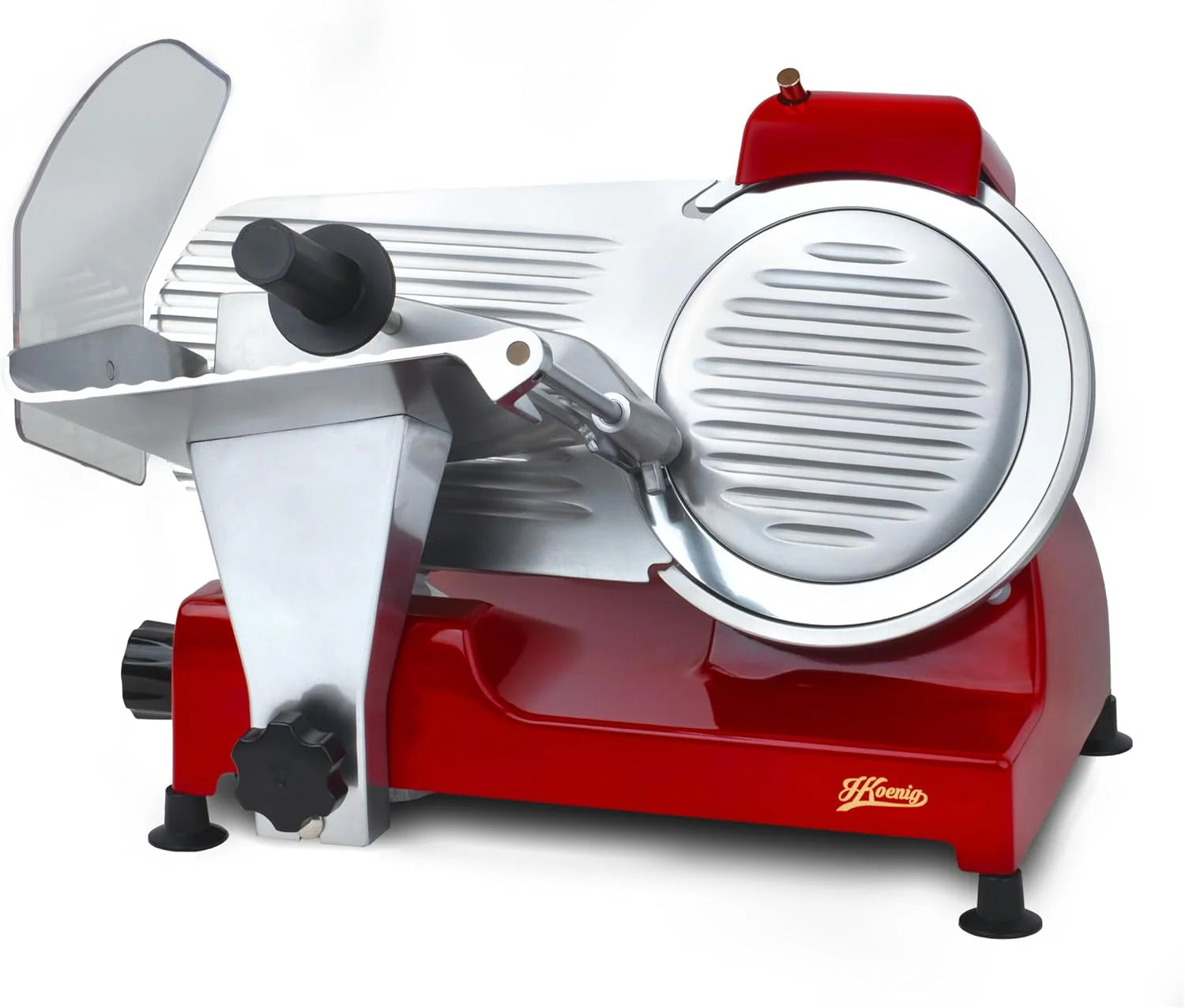 H.Koenig MSX250 Professional Precision Electric Meat Slicer 0-12 mm Cutting Thickness 25 cm Italian Blade Integrated Sharpener Wide Tray 282 RPM Silver