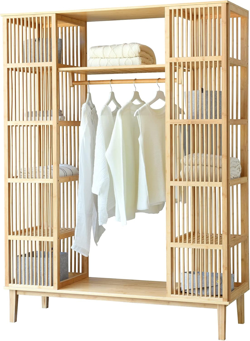 [en.casa] Armario para Ropa con 2 Puertas Deslizantes Clóset con 12 Estantes y 1 Barra de Colgar Perchero de Bambú 185 x 140 x 45 cm Natural