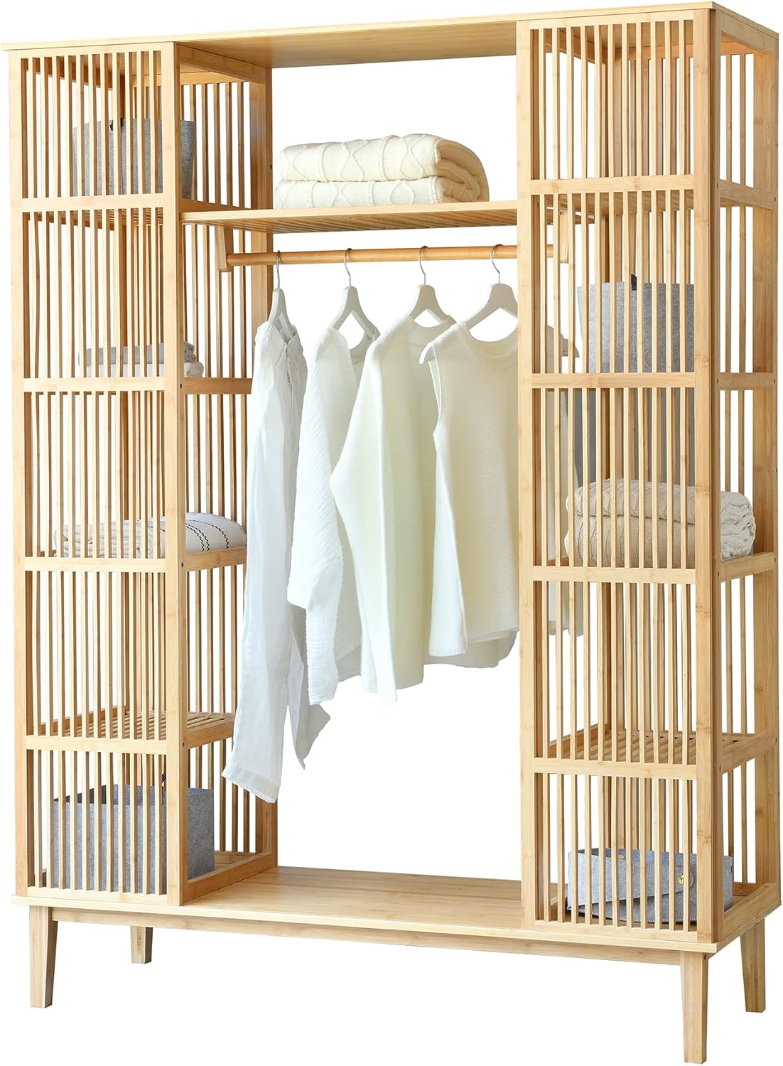 [en.casa] Armario para Ropa con 2 Puertas Deslizantes Clóset con 12 Estantes y 1 Barra de Colgar Perchero de Bambú 185 x 140 x 45 cm Natural