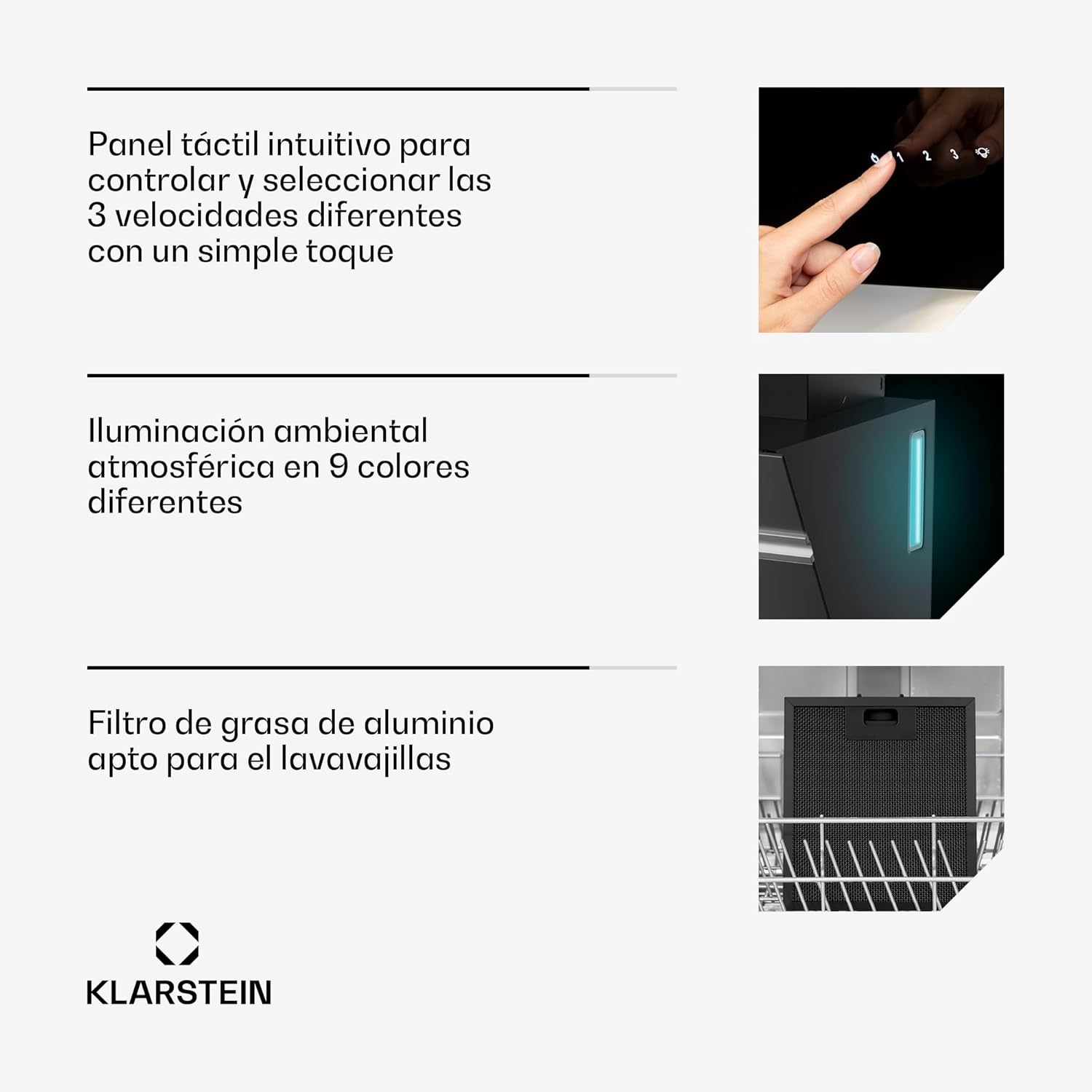 KLARSTEIN Alina Campana Extractora - 570 m³/h, Clase A, LED, 54 dB, Recirculación & Extracción, Campana Cocina Decorativa, Control Táctil, 39.8 cm Ancho, Negro