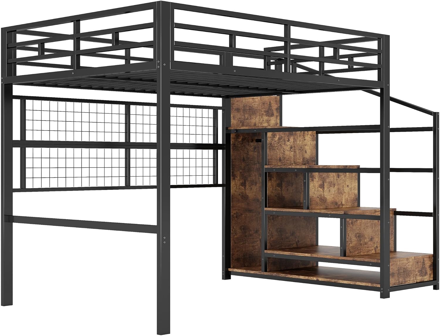 Cama alta (140 x 200 cm), marco de hierro, armario, escalera de almacenamiento, rejilla para colgar objetos, espacio libre debajo de la cama, luces LED de 7 colores, sin colchón, color negro