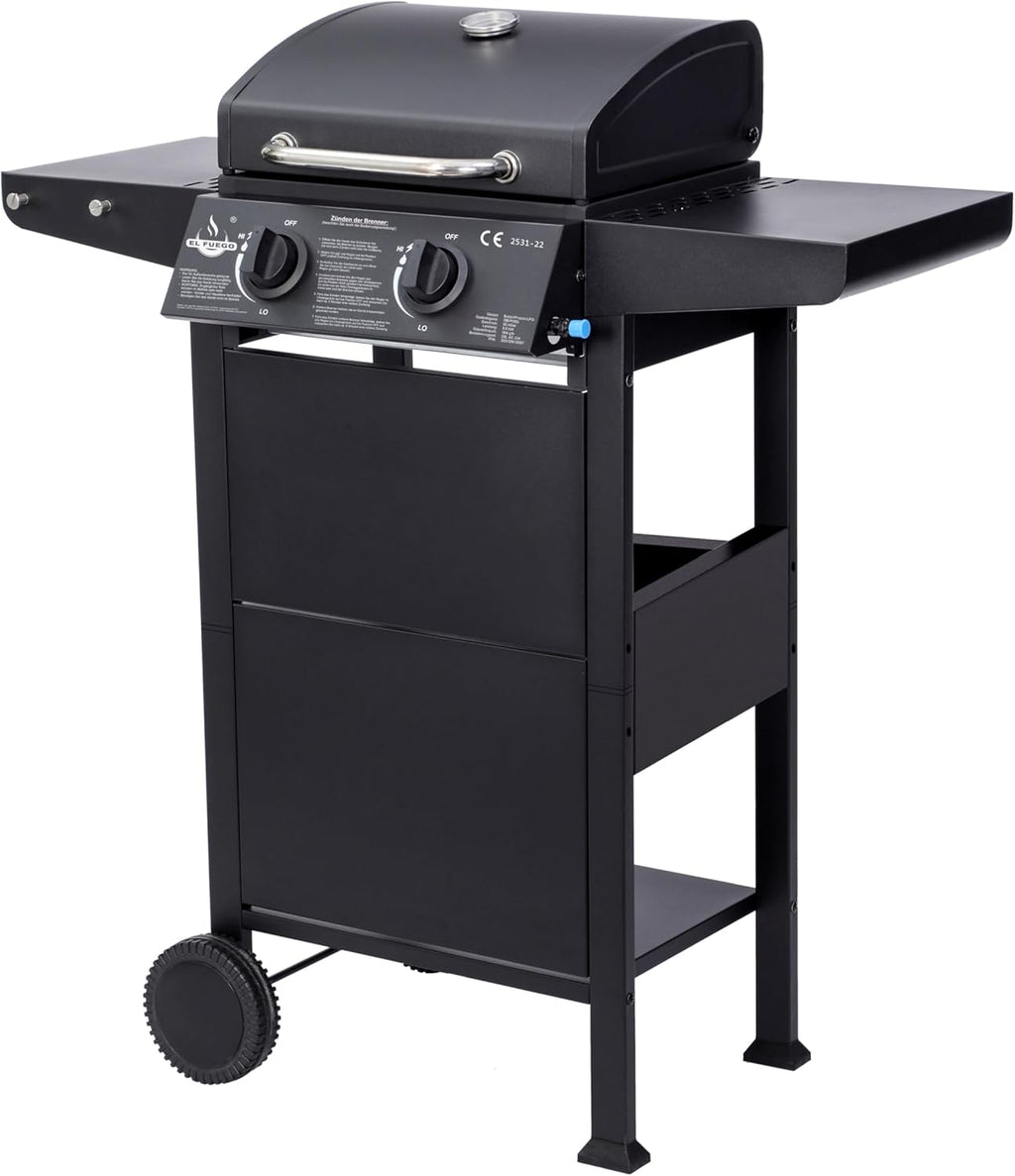 Grill gazowy "San Jose 2 palniki" firmy El Fuego®, w zestawie wąż gazowy i reduktor ciśnienia, ruszt do grillowania z żeliwa, z termometrem i dużymi półkami bocznymi, grill BBQ | AY0204