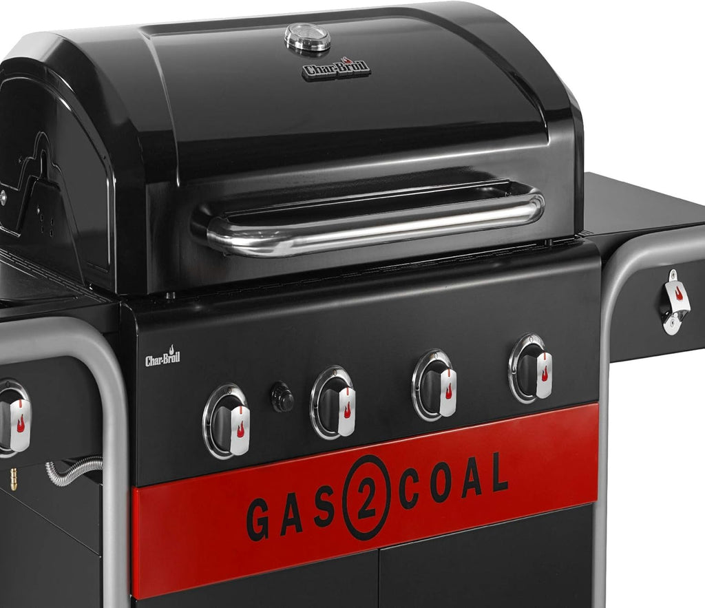 Char-Broil Barbacoa de Gas Gas2Coal 2.0 440 - Barbacoa híbrida de 4 quemadores con 2 bandejas para carbón patentadas, 2 grandes puertas - Ideal para cocinar al aire libre, jardín y patio