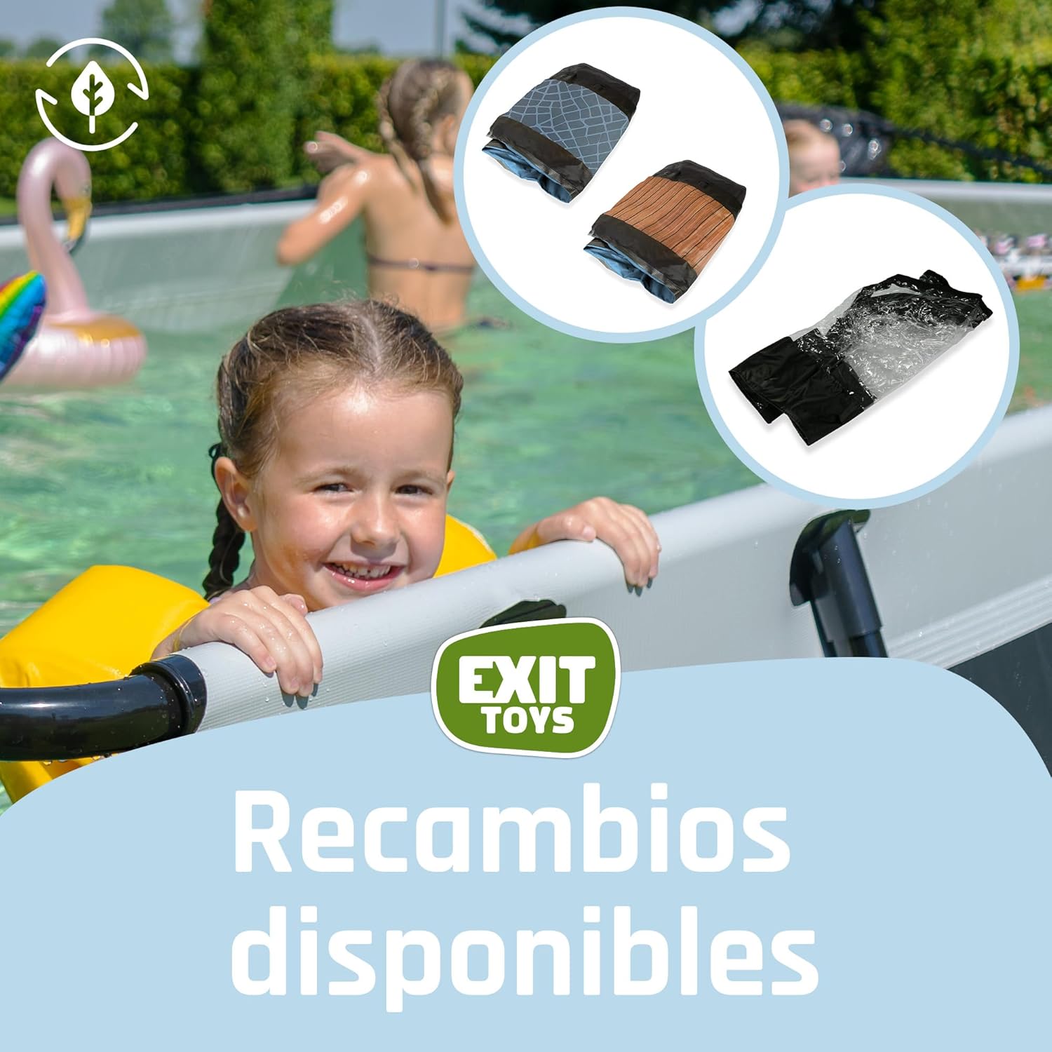 EXIT Toys Wood Pool con Toldo Solar - 300x200x65cm - Piscina de Marco Rectangular Compacta con Bomba de Filtro de Cartucho - Protección UV Óptima - Fácil Acceso - Diseño Único - Marrón