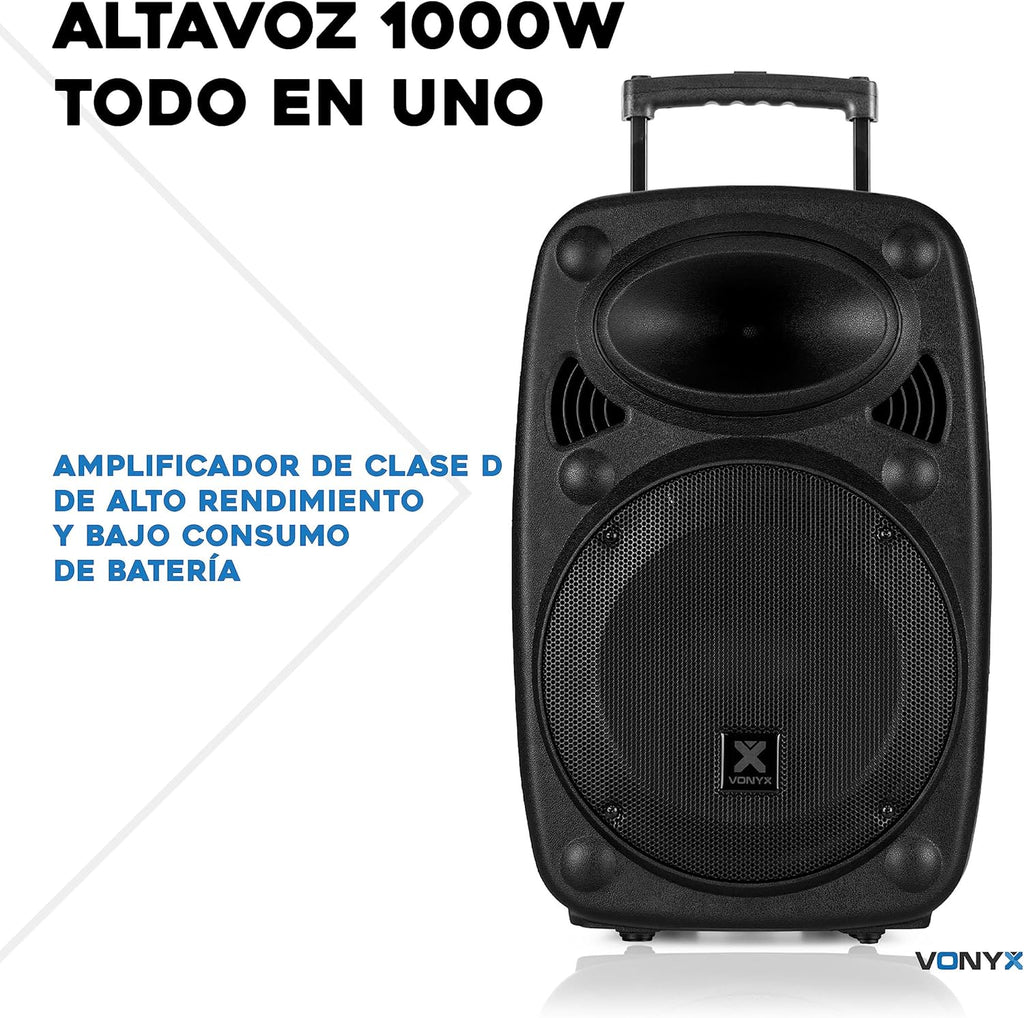 Vonyx Verve46 Powerful Bluetooth Speaker 1000 W, Portable Powered Speaker with Karaoke Microphone, Bluetooth Speaker USB, SD, MP3, AUX, 2 UHF Microphones, Remote Control, Subwoofer 15 Inches, Black