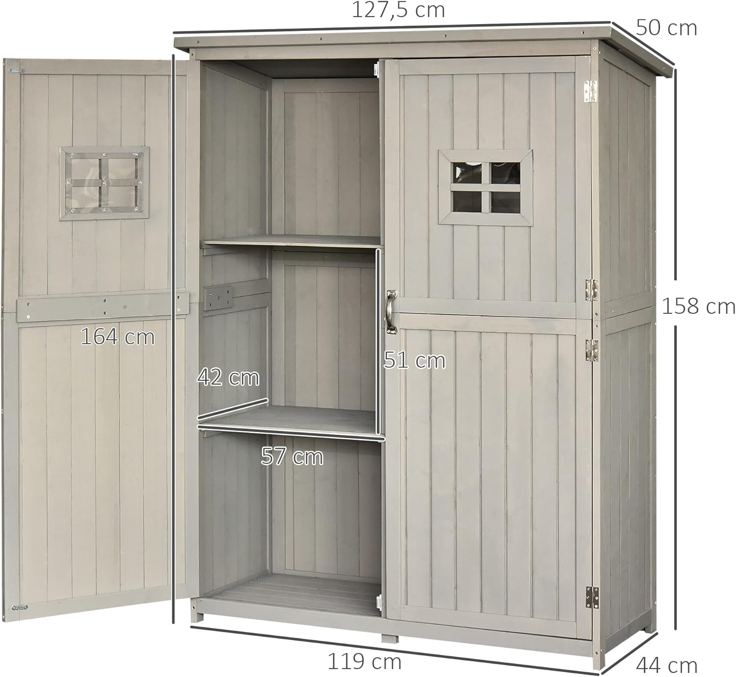 Outsunny Cobertizo de Madera Caseta Exterior Armario Herramientas de Jardinería Doble Puertas Techo Impermeable Compartimientos de Diferentes Tamaños 127.5x50x164cm Madera Maciza