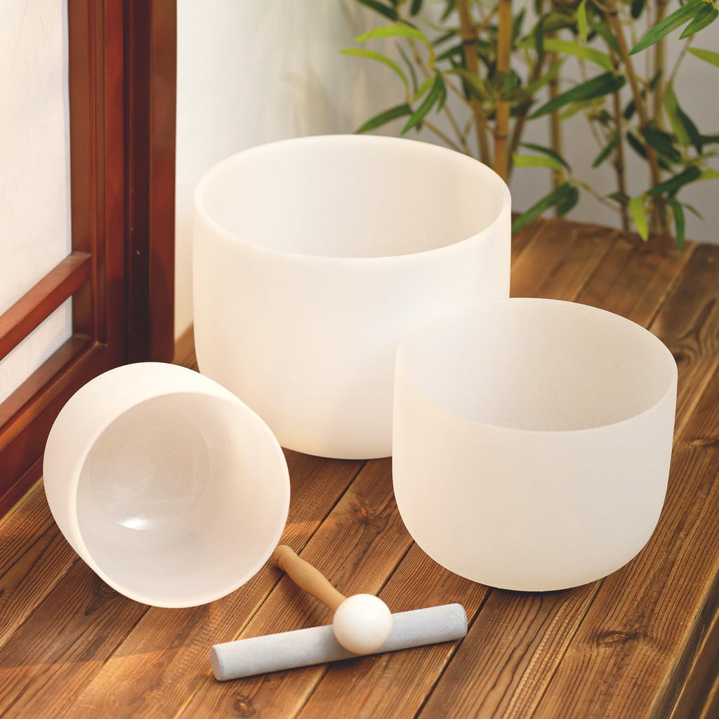 Hye-eun Juego de 3 cuencos de cristal de 15,2 a 25,4 cm, 432 Hz, 25,4 cm, 20,3 cm, para meditación, yoga, con funda de transporte, para mantener el equilibrio y terapia