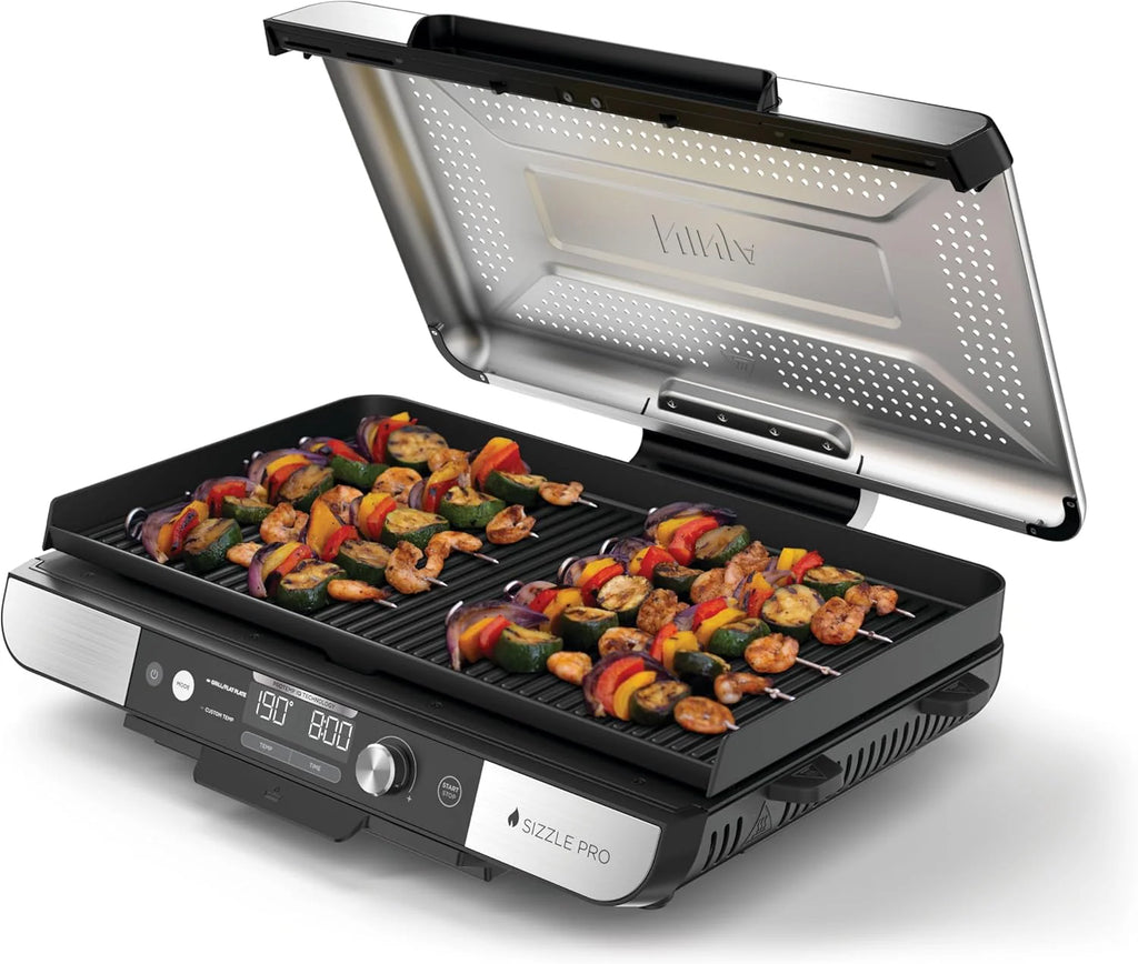 Ninja Sizzle Pro XL Indoor Grill and Griddle with Non-Stick Ceramic Griddle Plate and Griddle, Detachable Lid, Grease Catcher and Recipe Guide, Silver/Black GX101EU