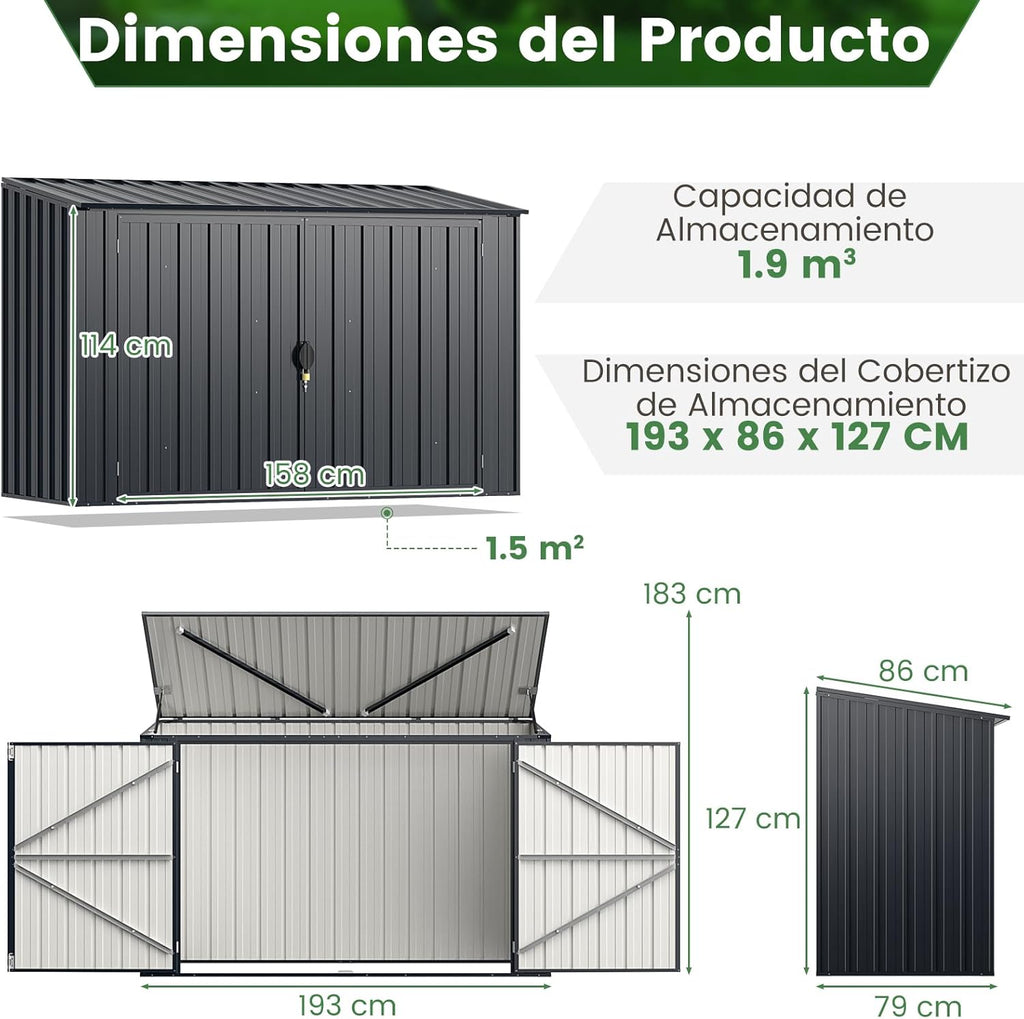 GOPLUS 1,9 m³ Caseta de Jardín de Acero Galvanizado, 193 x 86 x 127 cm, Cobertizo Exterior con Doble Puerta con Cerraduras, Palanca Hidráulica, Casa para Herramientas, Bicicletas, Cubos de Basura