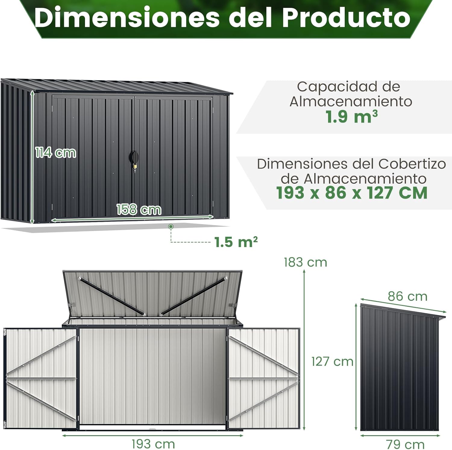 GOPLUS 1,9 m³ Caseta de Jardín de Acero Galvanizado, 193 x 86 x 127 cm, Cobertizo Exterior con Doble Puerta con Cerraduras, Palanca Hidráulica, Casa para Herramientas, Bicicletas, Cubos de Basura