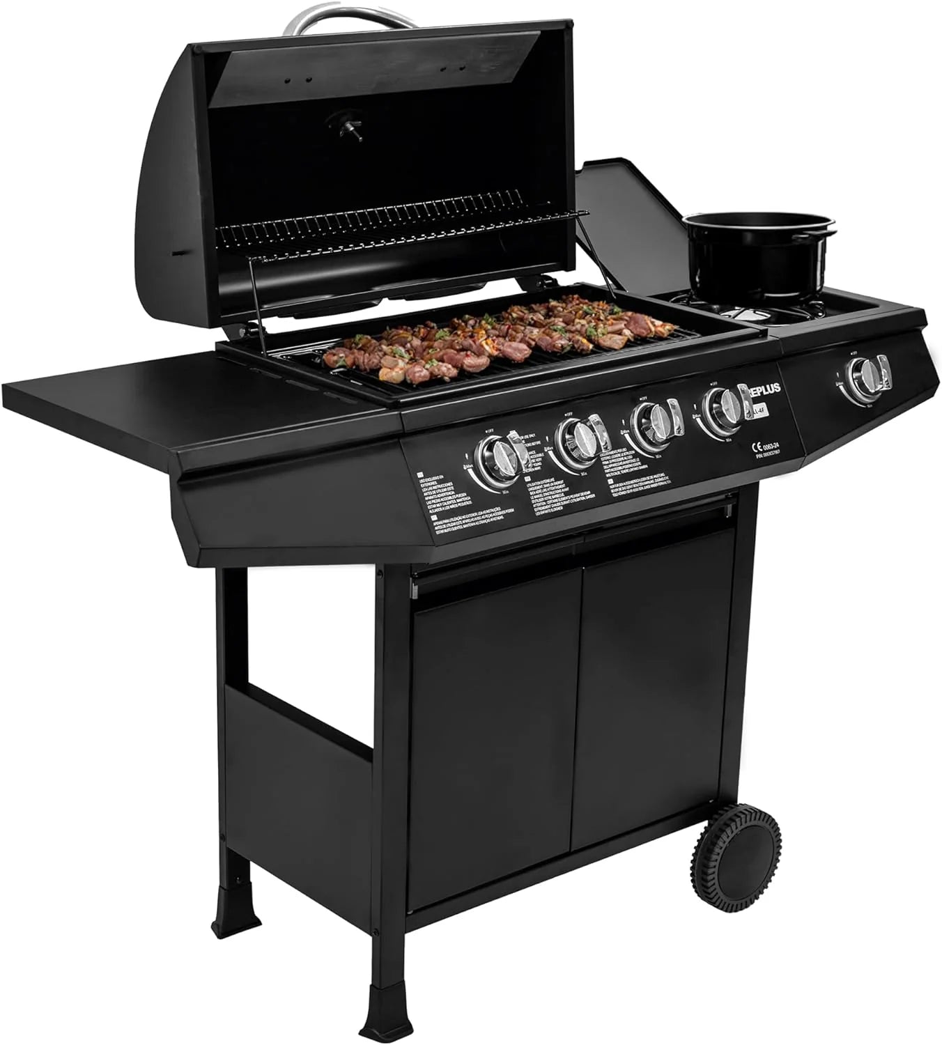 Amig - Fireplus 3+1 8.4 kW gas barbecue - Black stainless steel - Grill with wheels Model GRILL-3F - XXL barbecue with trolley and thermometer - 117x52x103cm - 4 burners and side tray