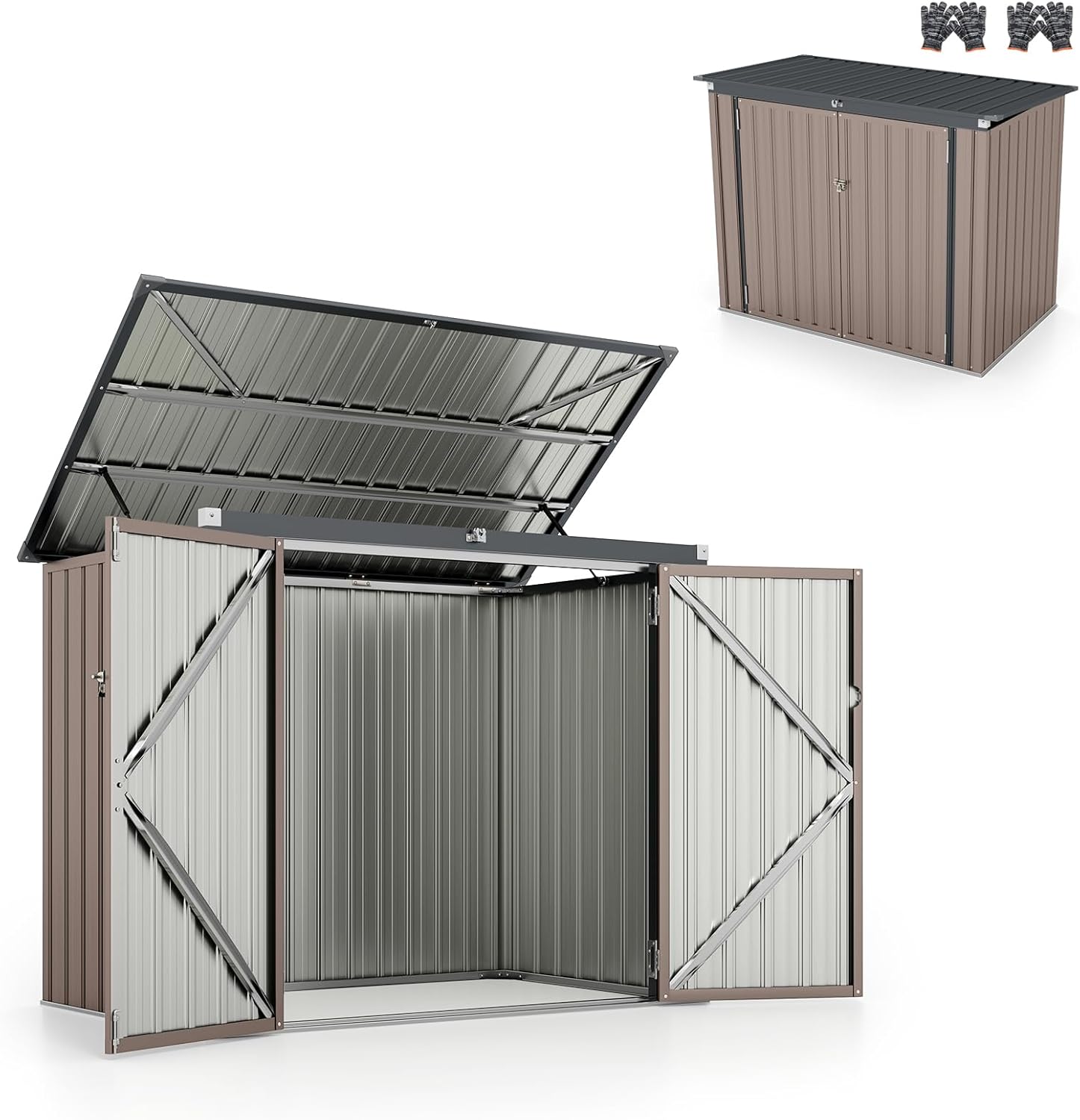 HOMASIS Cobertizo de Jardín, Caseta Metálica con Tapa Abatible de Exterior, Cobertizo de Herramientas con Doble Puerta, Alta Resistencia para Granja, Terraza, 172x101x130cm, Gris (Gris Cálido)