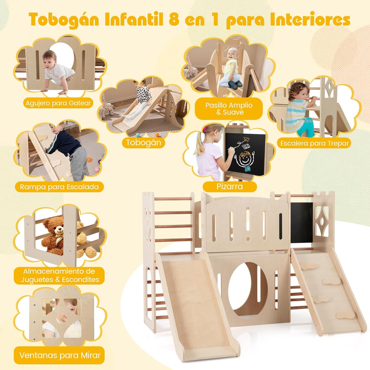 COSTWAY 8 en 1 Parque de Juegos de Interior de Madera con Temática de Castillo, Tobogán Infantil, Escalador, Escaleras, Almacenamiento, Pizarra, Túnel, Juego Montessori para Niños de 3+ Niños