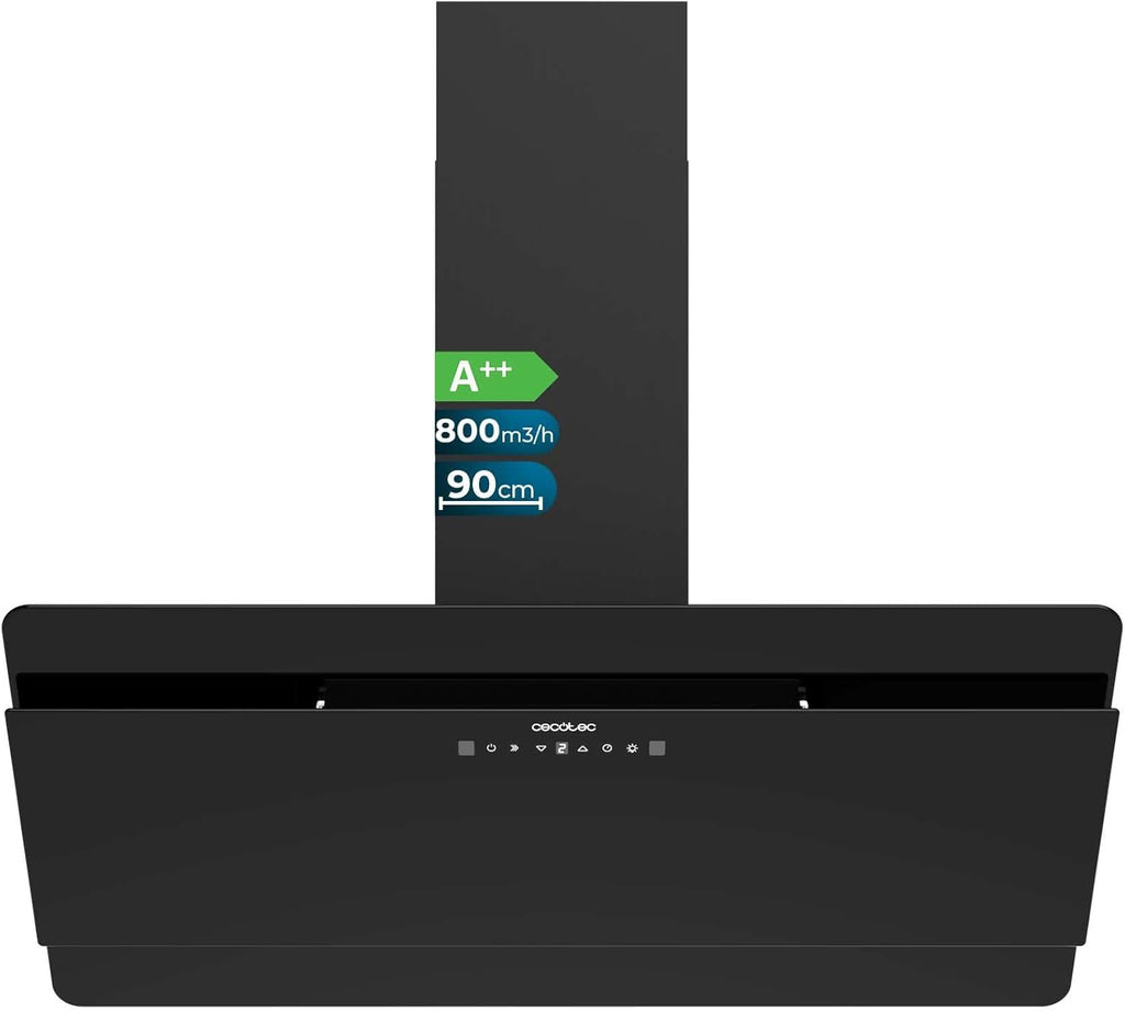 Cecotec Campana Decorativa 90 cm Flux Dt 908000 Glass Black A++. Vidrio Negro, 800M3/H de Potencia, Motor 210W, A++, Control Táctil, 3 Niveles + Booster, Hand Movement Control