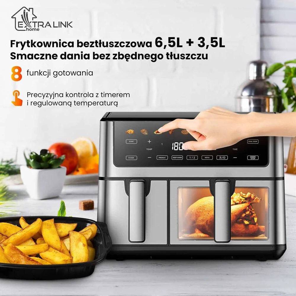 Frytkownica beztłuszczowa z okienkiem Extralink Dual Basket, 2 komory, 2500 W, 6,5 l i 3,5 l, srebrna