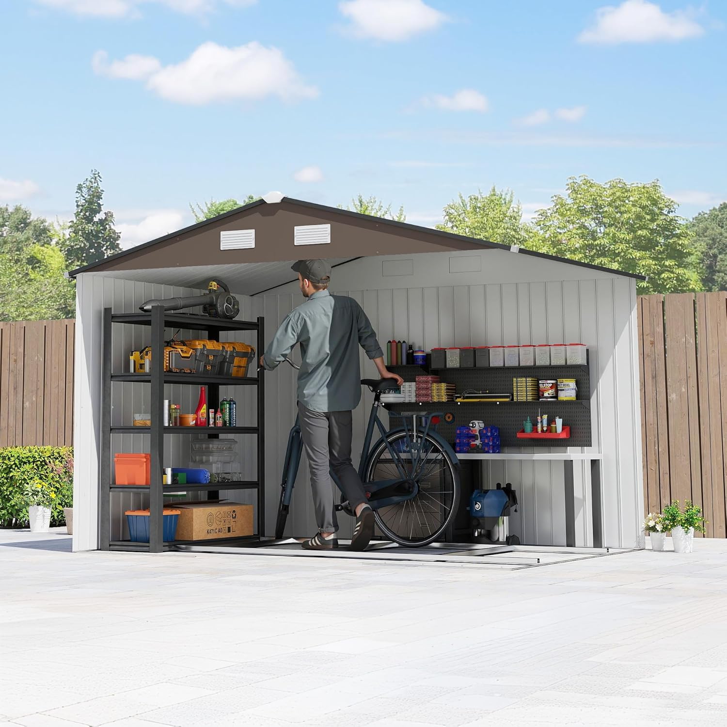 Outsunny Caseta de Jardín Exterior, 5 m² 277x195x192 cm, Cobertizo de Jardín Exterior Metálico con 2 Puertas Correderas, Base Refuerzo (Suelo NO Incluido) y 4 Ventanas, Marrón