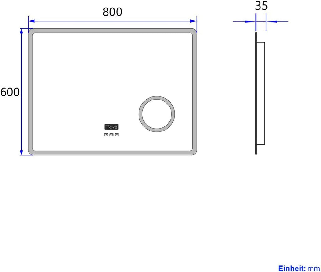 Heilmetz Espejo de baño Iluminado por LED con Lupa 3X, 80 x 60 cm, con Interruptor táctil y función antivaho, Reloj y Bluetooth, Regulable, Tres Colores, Tipo13