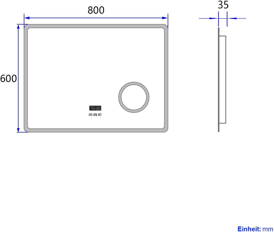 Heilmetz Espejo de baño Iluminado por LED con Lupa 3X, 80 x 60 cm, con Interruptor táctil y función antivaho, Reloj y Bluetooth, Regulable, Tres Colores, Tipo13