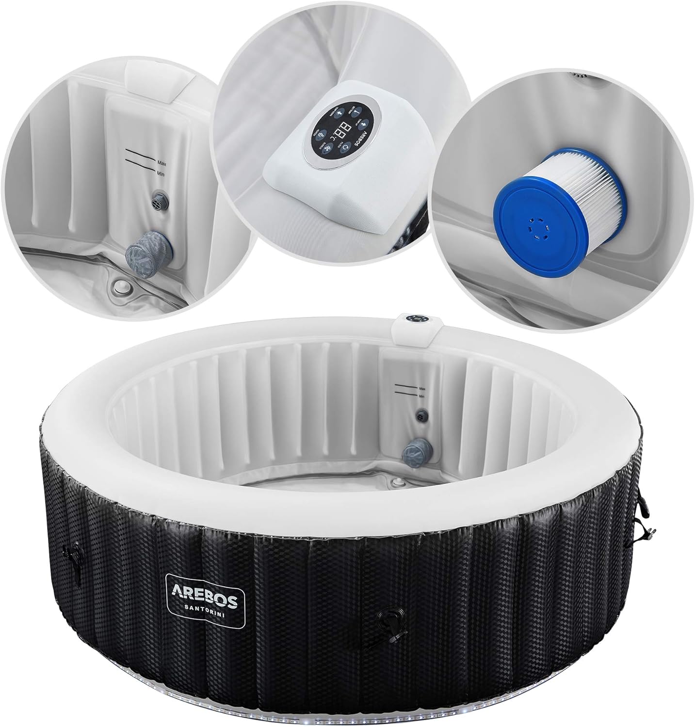 Arebos SPA Hinchable | Inflable automático | para Interior y Exterior | ⌀ 208 cm | 6 Personas | Banda Luminosa LED | 130 boquillas de Masaje | 1000 L | Incluye Cubierta | Bubble SPA & Wellness Masaje