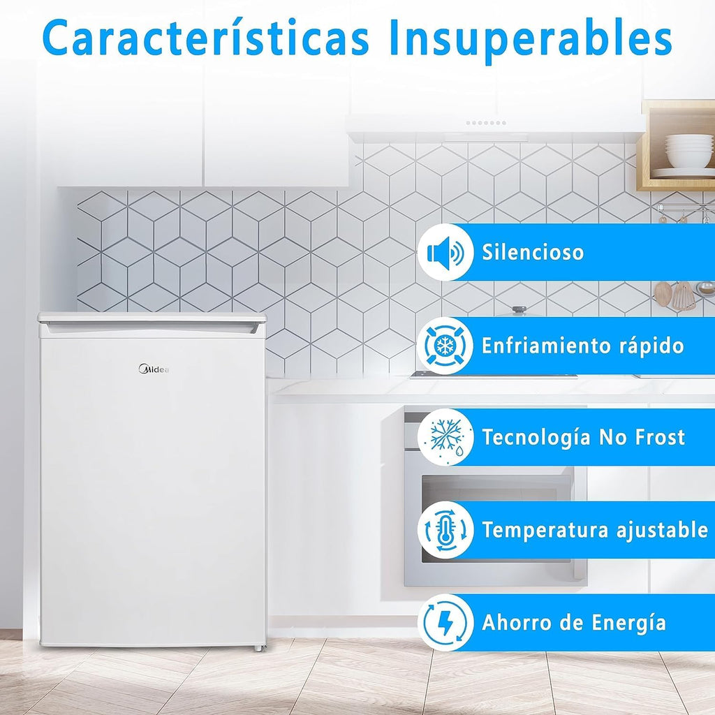 Midea Nevera pequeña 113L con Congelador - Mini frigorífico pequeño para la Habitación/Caravana/Camping - Mini Bar Bajo Consumo - Frigorifico Bajo Encimera Silencioso 39dB + Congelador -16º/-24º