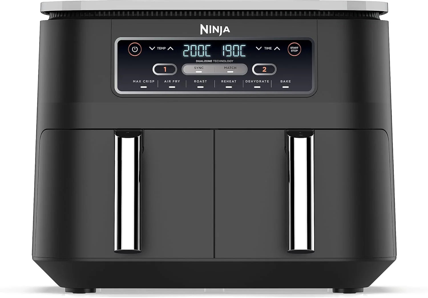 Ninja MAX Oil Free Double Compartment Air Fryer with 2 Drawers, 9.5 Litre, Oil Free, Air Fry, Max Crisp, Roast, Bake, Reheat, Dehydrate, Non-Stick Baskets, Gold Stone, DZ400EUSTGD