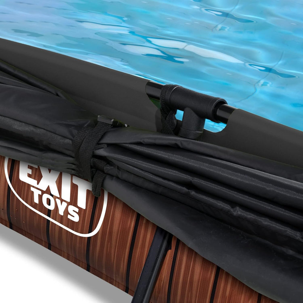 EXIT Toys Wood Pool con Toldo Solar - 220x150x65cm - Piscina de Marco Rectangular Compacta con Bomba de Filtro de Cartucho - Protección UV Óptima - Fácil Acceso - Diseño Único - Marrón