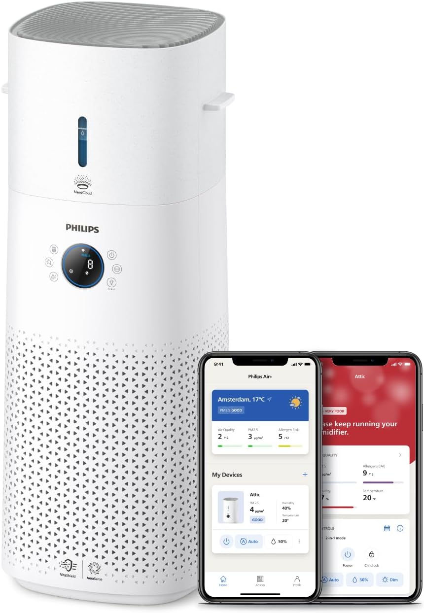 Philips 2-w-1 oczyszczacz i nawilżacz powietrza z serii 3000, 131 m², filtr NanoProtect HEPA i filtr z aktywnym węglem usuwa 99,97% wszystkich, niewidocznych cząstek, Kolor Biały (AC3737/10)