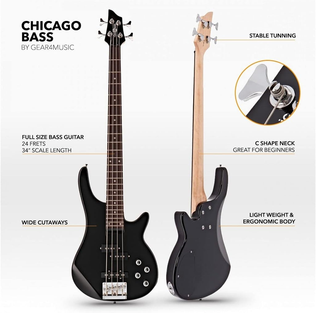 Bajo Eléctrico Con Amplificador De 15 W Chicago de Gear4music 4 Cuerdas Negro