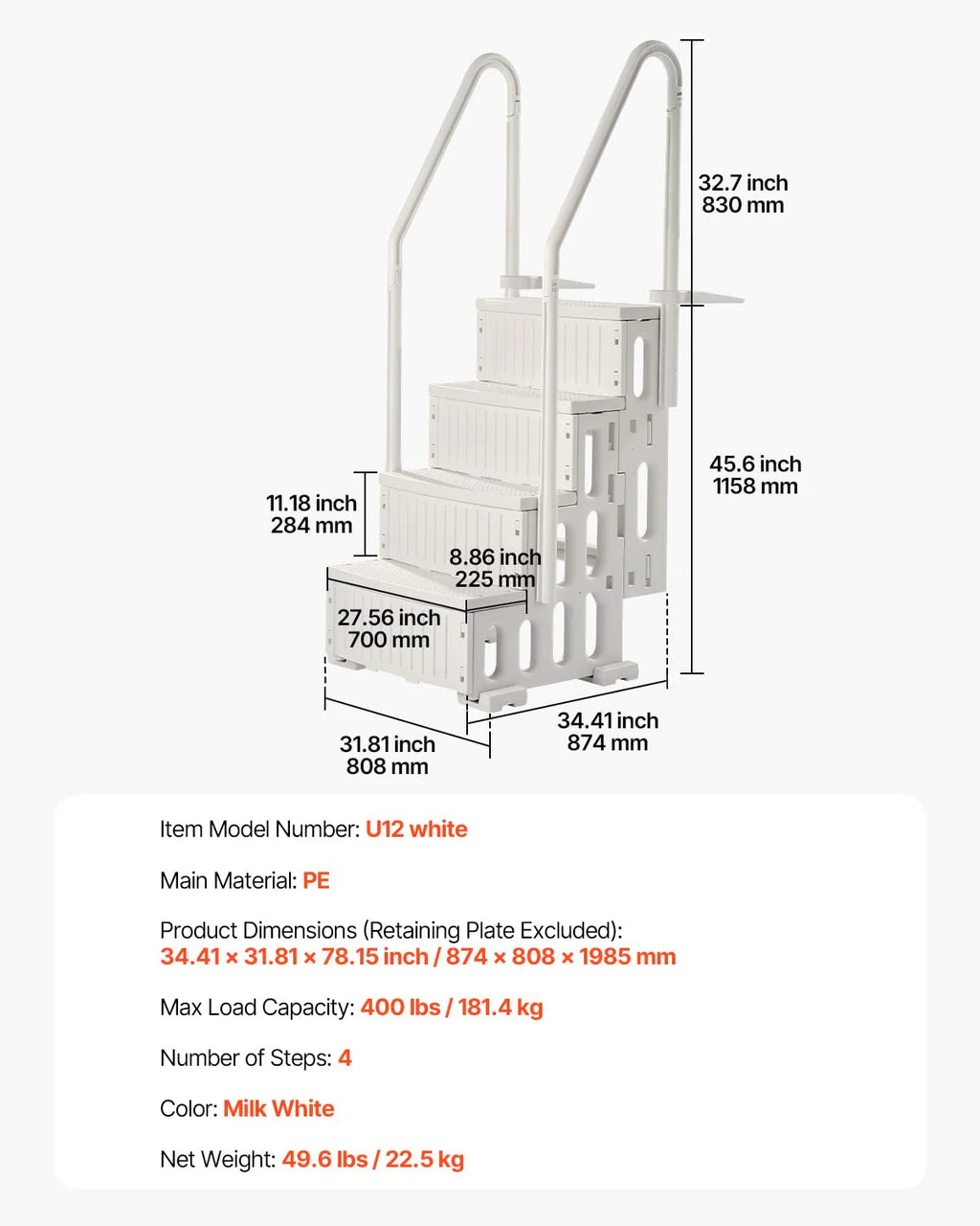 VEVOR Pool Ladder 4 Steps with Double Handrails and Non-Slip Heavy Duty Steps, Load 400 lbs for Inground and Above Ground Pools, Milk White, 874 x 810 x 1985 mm