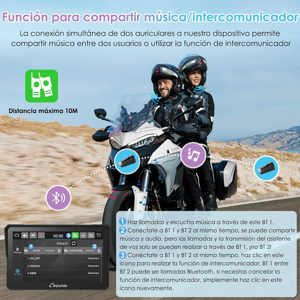CARPURIDE W702S Pro Motocicleta CarPlay Pantalla con BM05 Soporte para Conectar y Usar, Inalámbrico CarPlay y Android Auto, 7" Impermeable Táctilpantalla, Dual Bluetooth, Control con Cable, Brújula.