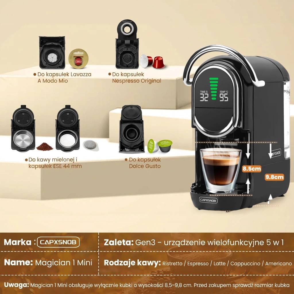 Magician1 Mini Multikapsułkowy Ekspres do kawy 5 w 1, do Nespresso, Dolce Gusto, Lavazza A Modo Mio, Saszetki ESE 44mm i Kawy Mielonej, 20 Barów Włoska Pompa,1450W, Wyświetlacz LED, do Domu i Biura