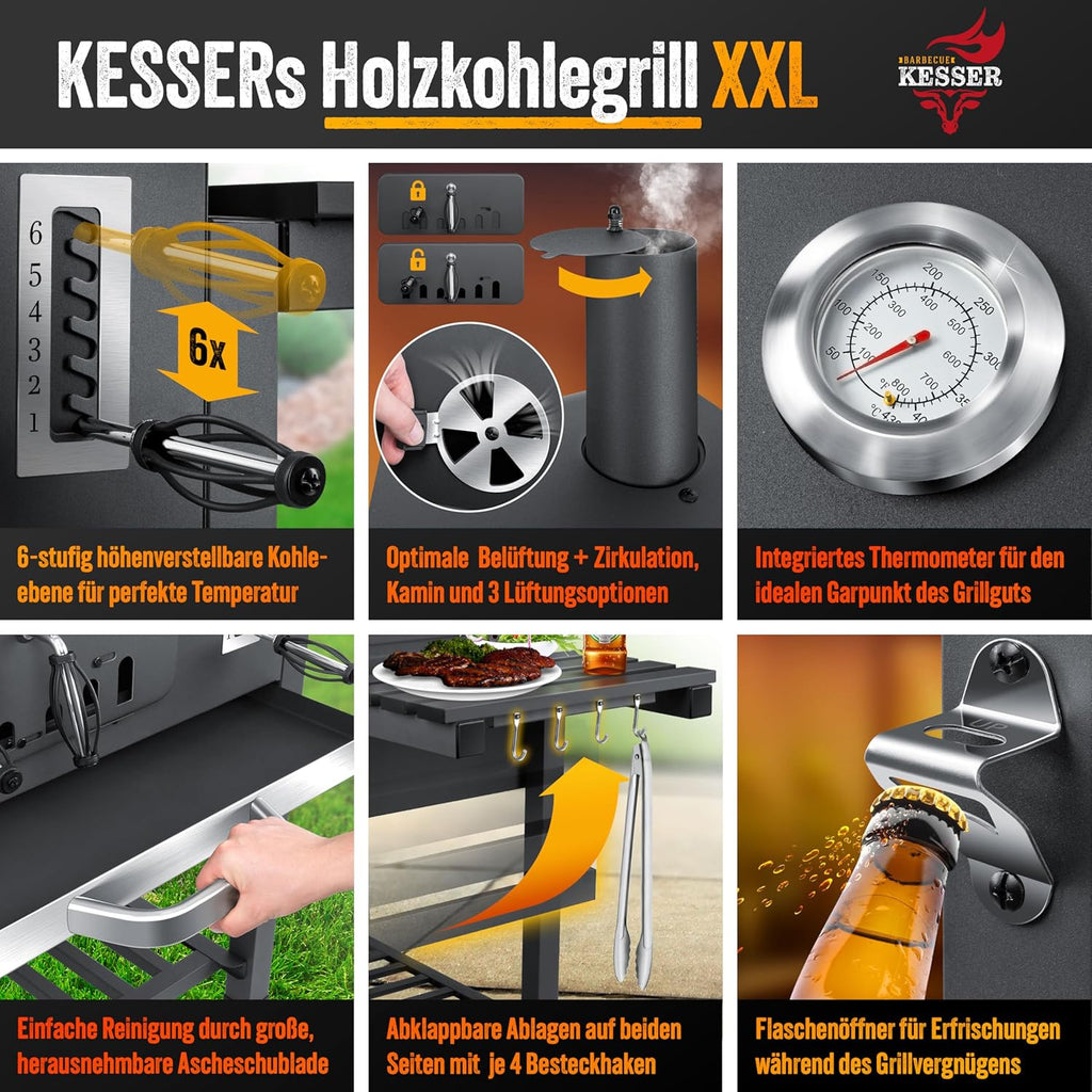 KESSER® Parilla de Carbón con Carrito Grill con Tapa, Ruedas, Mango de Acero Inoxidable | Barbacoa y Termómetro Carbón Grande BBQ Asador Camping, Terraza, Jardín XXL Gris