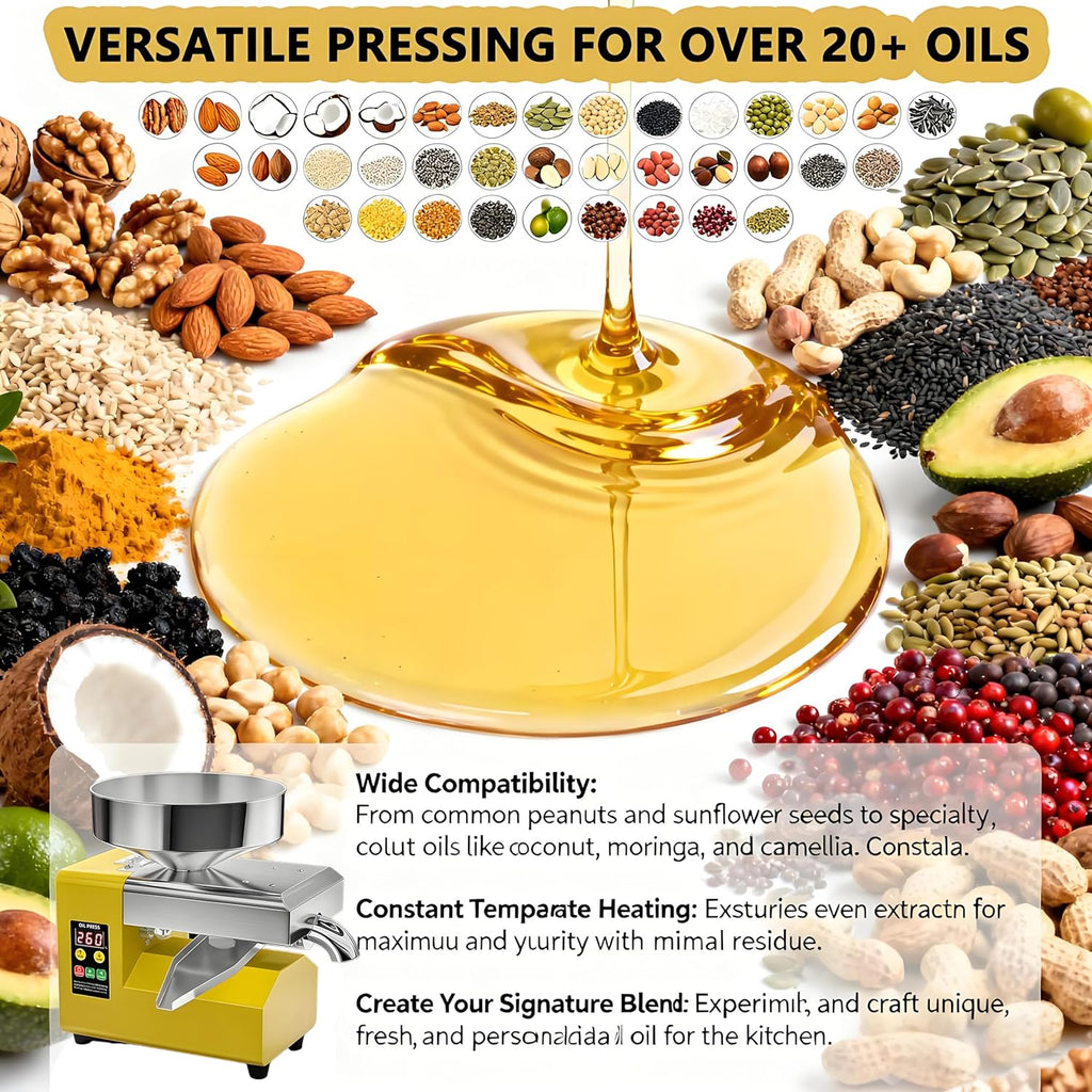 Prensa de Aceite Eléctrica Automática 1500W | Extractor de Aceite de Acero Inoxidable a Frío y Calor | Para Huesos de aceituna,Nueces,Sésamo,Coco,Soja,Almendra|Control de Temperatura Inteligente