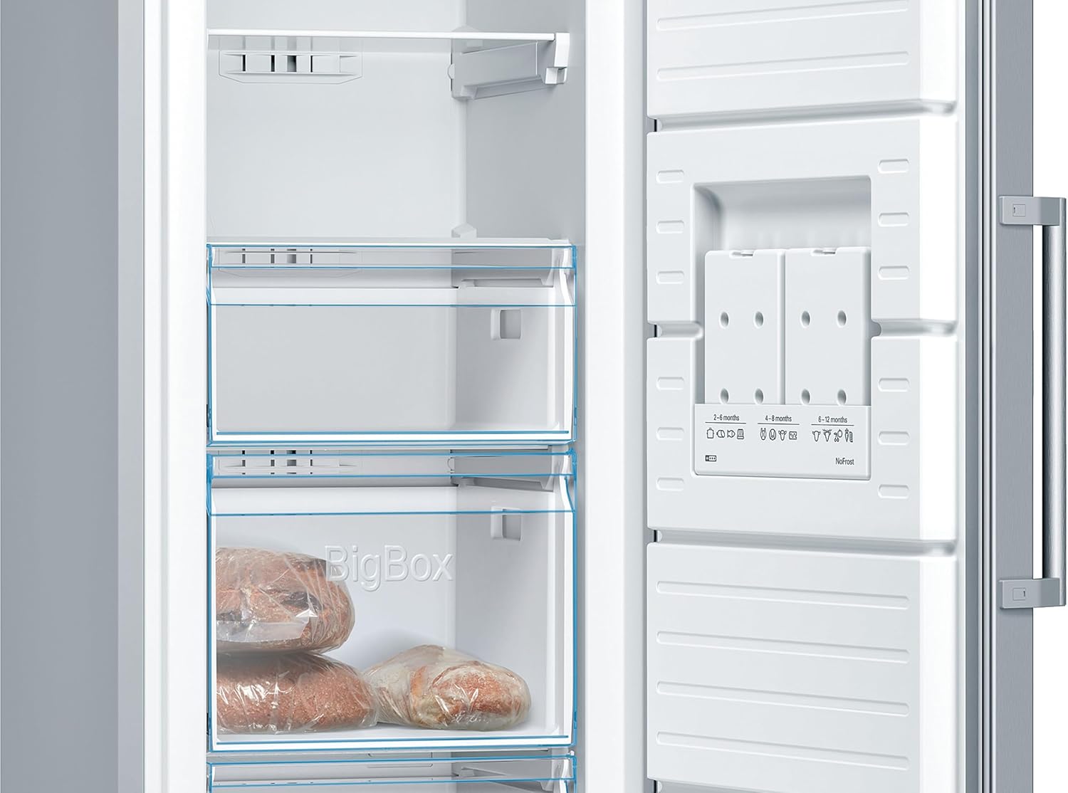 Bosch - Congelador Vertical NoFrost, Serie 4, alto 186 x ancho 60 cm, 242 L, Cajones BigBox para alimentos grandes, Sistema Multiairflow, Acero, GSN29VIEP
