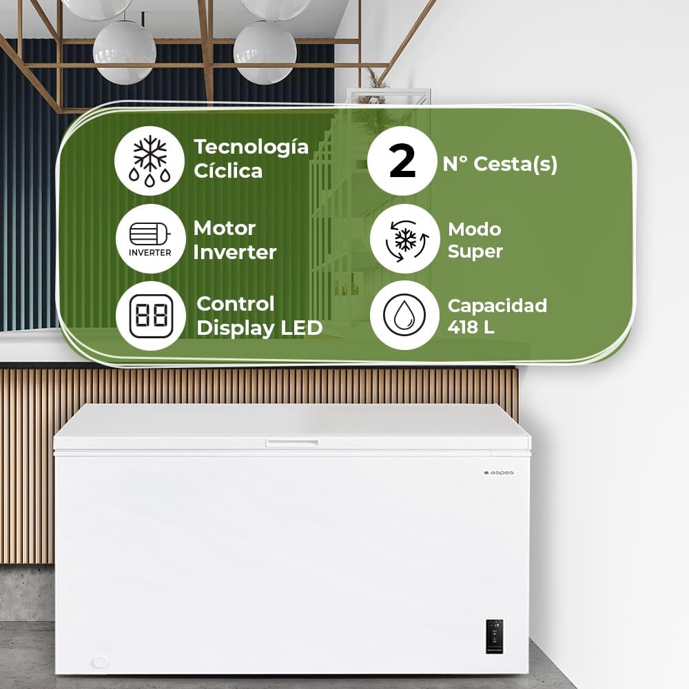 Aspes Congelador Horizontal Blanco ACHH4500EDC. Capacidad 418 Litros, Dual Cooling, 2 Cestas, Bajo Nivel Sonoro, Eficiencia Energética Clase E
