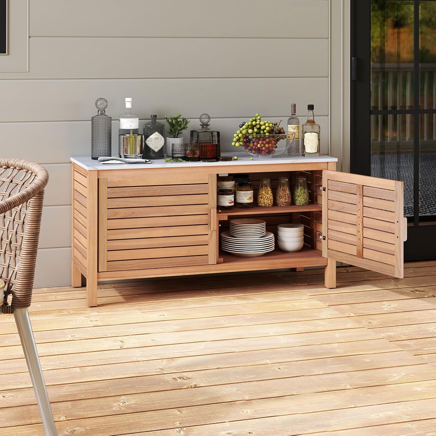 KOMFOTTEU Baúl de Jardín de Madera de Acacia, Caja de Almacenamiento con Doble Puerta y Tapa de Mármol Artificial, Arcón Exterior con Patas Ajustables, Contenedor Organizador para Patio