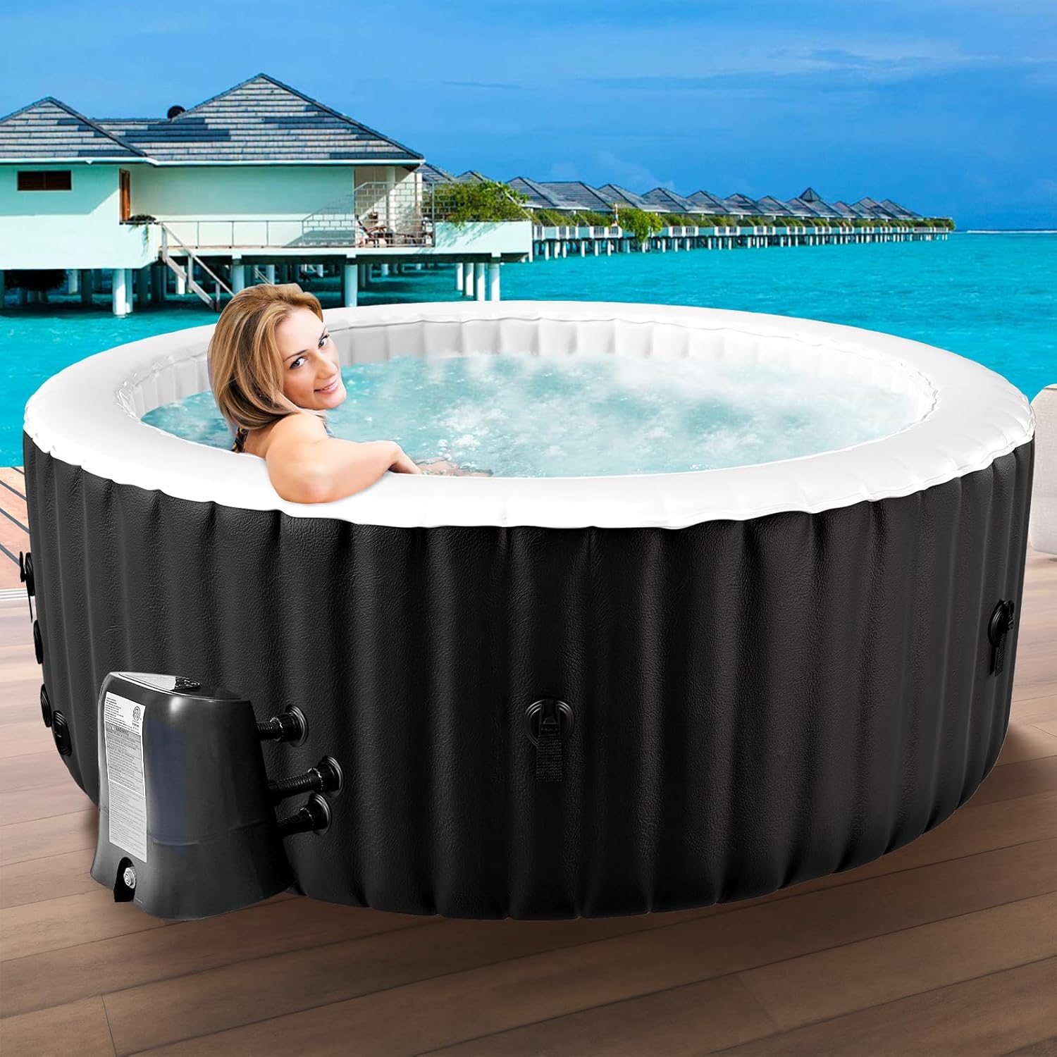 Hot Tub hinchable para 4 personas, 2400 W interior/exterior, piscina de spa de invierno, con 120 chorros de aire, protección contra heladas, 799 litros, a prueba de fugas, ahorro de energía