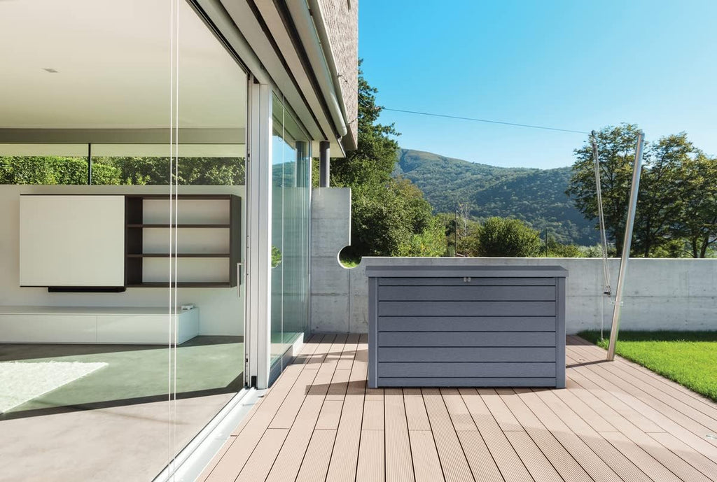Keter Caja de cojín XXL Ontario, Grafito, 870 l de Capacidad, Dimensiones Exteriores: 147 x 83 x 86 cm, Caja de Almacenamiento Impermeable, para Exteriores