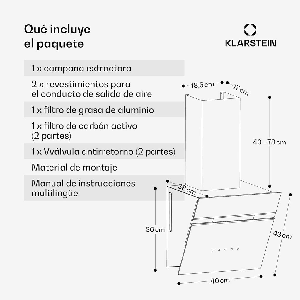KLARSTEIN Alina Campana Extractora - 570 m³/h, Clase A, LED, 54 dB, Recirculación & Extracción, Campana Cocina Decorativa, Control Táctil, 39.8 cm Ancho, Negro