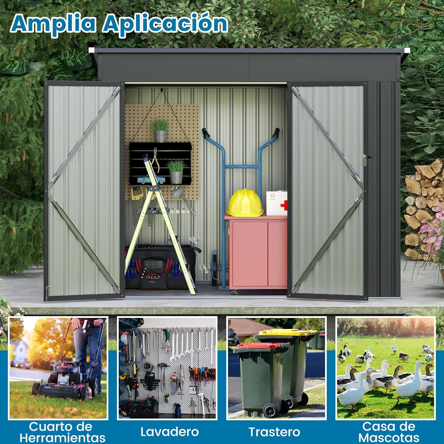 COSTWAY Caseta Jardin Exterior, 235 x 117 x 185 cm, obertizo Jardin Exterior con 2 Puertas, Techo Inclinado, Casita Organizador de Metal Galvanizado, Organizador de Herramientas para Jardín Patio
