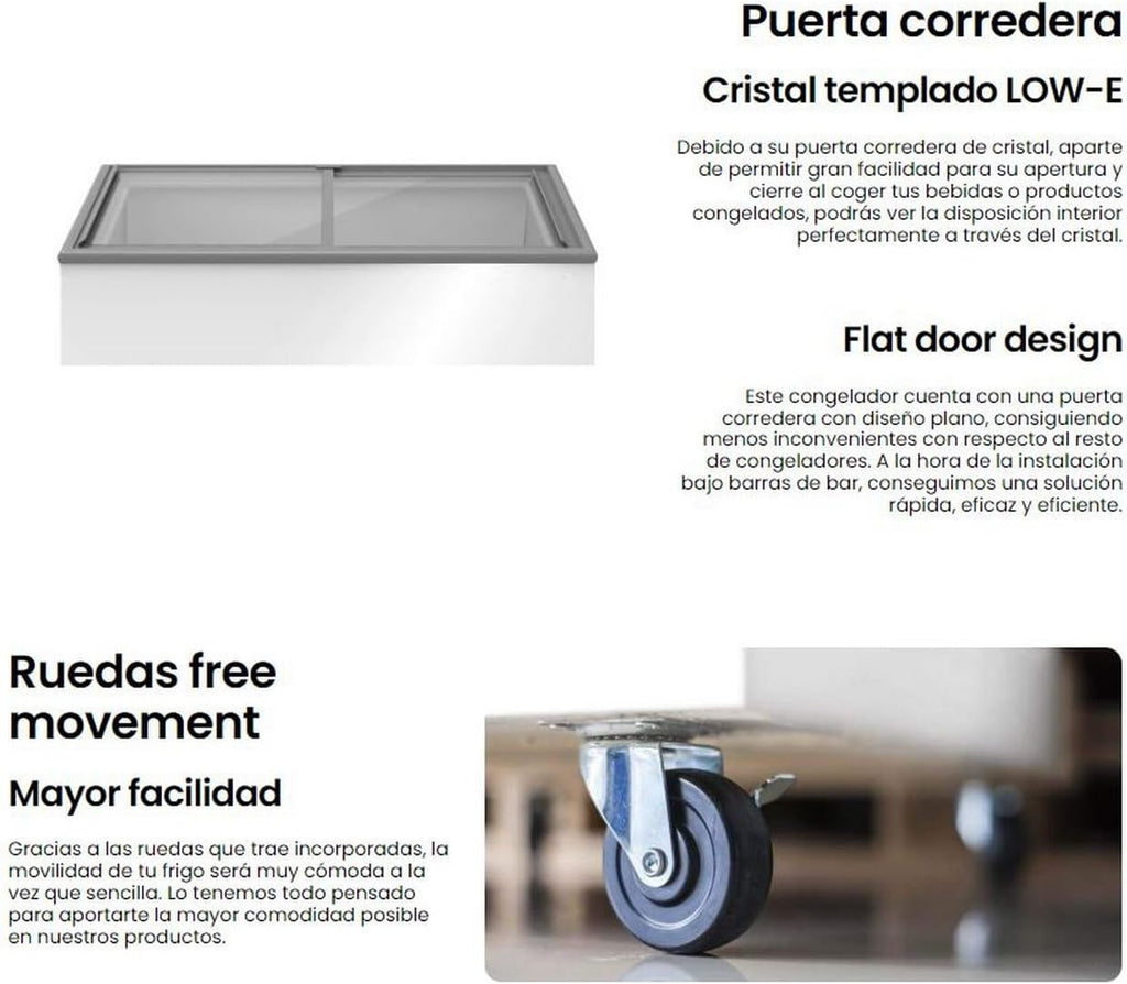 INFINITON Arcon Congelador Industrial FCH-209CC82WEC, 209 Litros, Puerta con diseño Flat door design, Control de temperatura Mecánico, D, Ruedas, Cierre de seguridad con llave