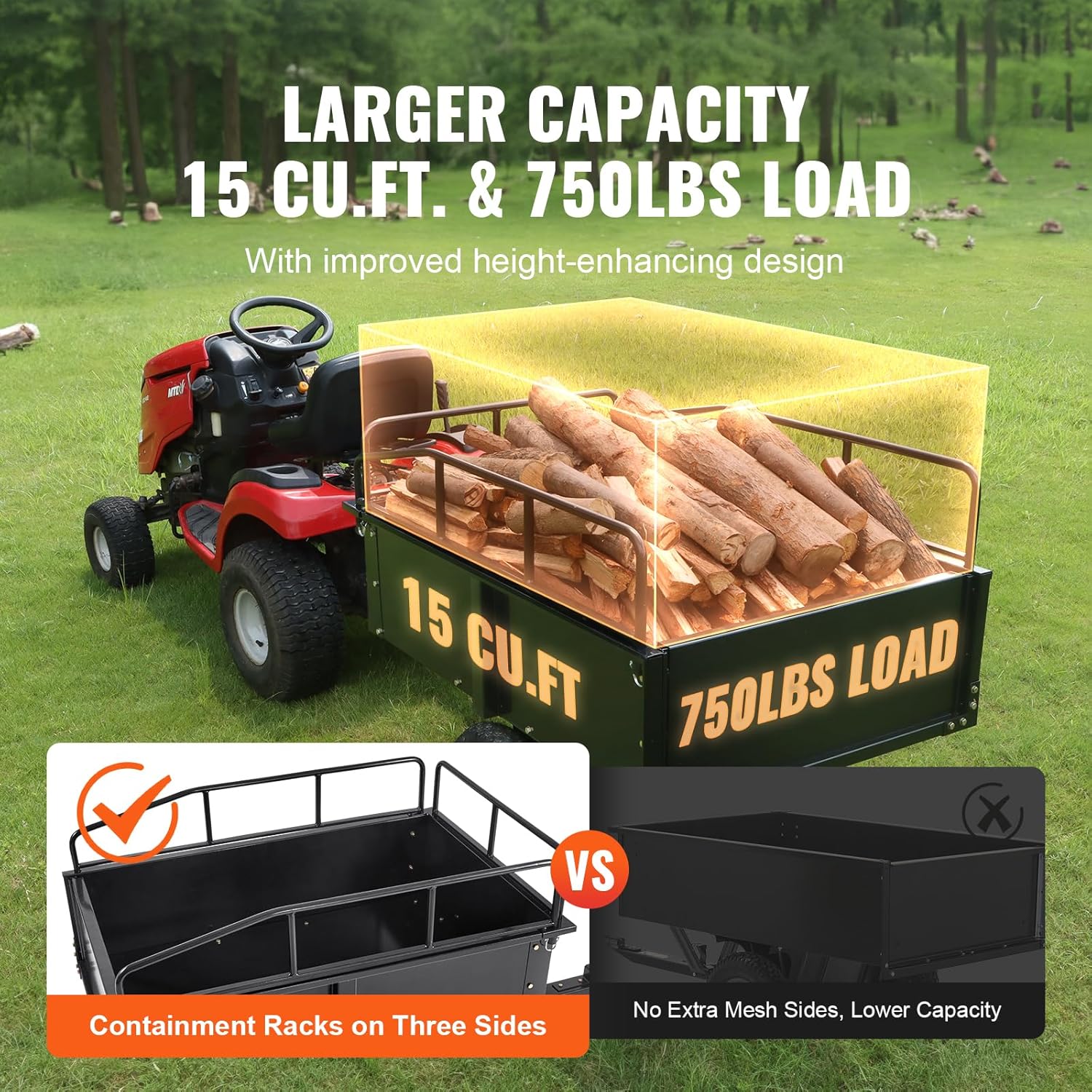 VEVOR Dump Trailer Load Capacity 340kg Heavy Duty Garden Utility Trailer with Removable Sides 0.4m³ Dump Transport Cart for Tractor, Lawn Mower, ATV, 200x66x76cm