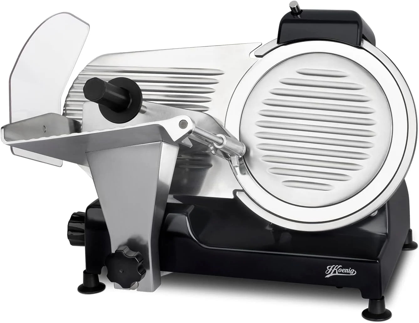 H.Koenig MSX250 Professional Precision Electric Meat Slicer 0-12 mm Cutting Thickness 25 cm Italian Blade Integrated Sharpener Wide Tray 282 RPM Silver