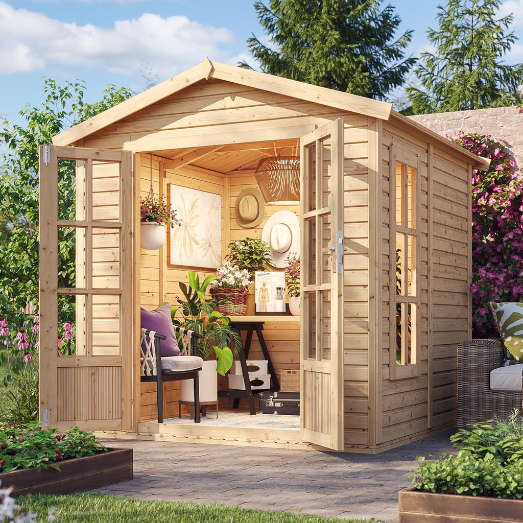 Caseta de Jardín de Madera con Tejas bituminosas Gris A233 x P222 x A233 cm, Oficina Caseta de Madera con Piso, Ventana, Puerta Doble, Cabaña de Jardín, Taller o Estudio de Jardín TIMBELA M351FB