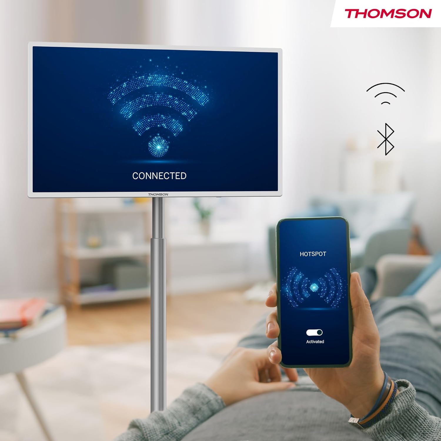 THOMSON 32 Pulgadas (81 cm) Go TV, Televisor Android Portátil – HD Ready (1366x768), Control por Voz, Bluetooth 5.1, Wi-Fi, Función de Punto de Acceso, hasta 4 Horas de Autonomía - 32HA4M44