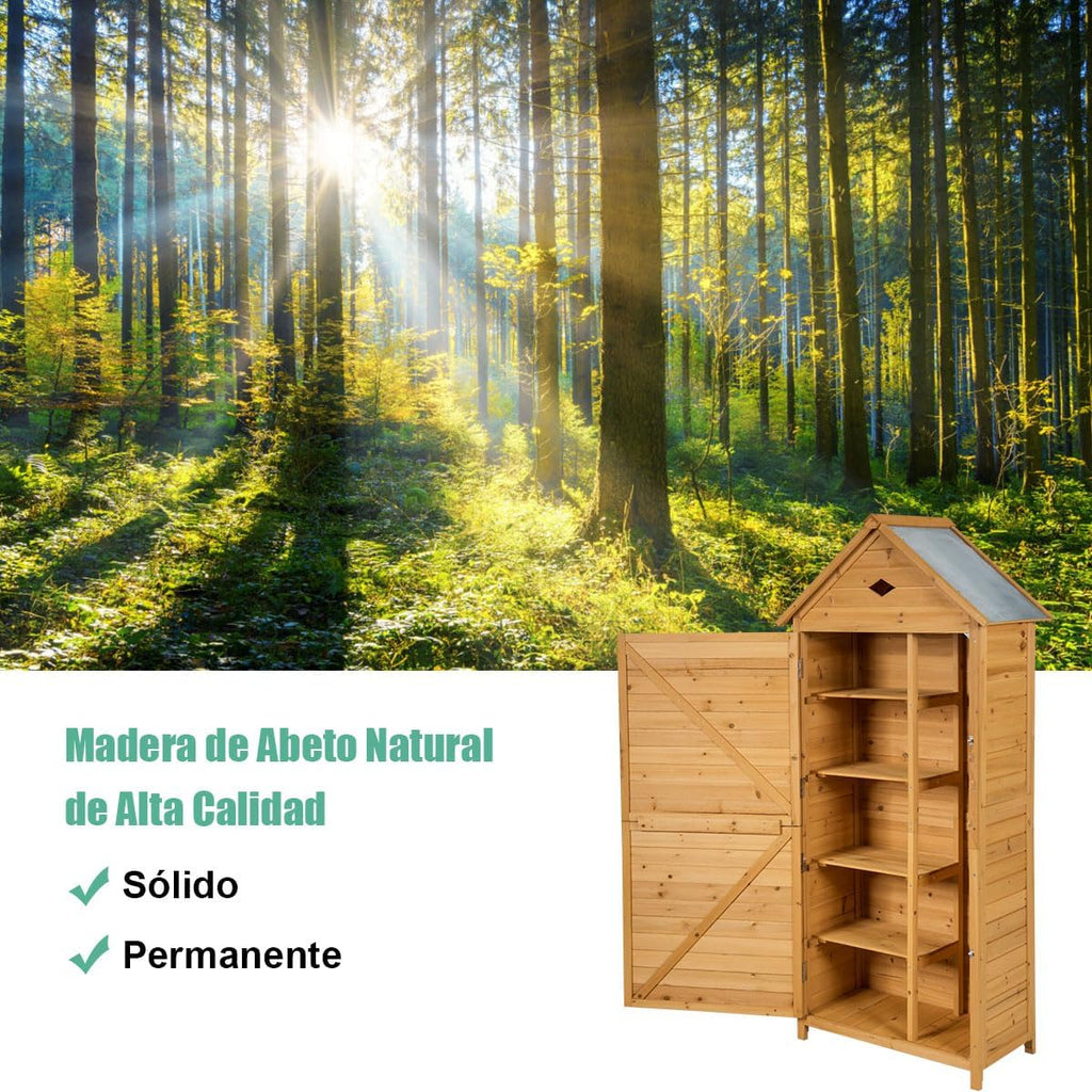 COSTWAY Caseta Jardin Exterior de Madera, Cobertizo Jardin Exterior con 5 Estantes y 2 Puertas con Cerradura, Armario para Herramientas con Techo Impermeable para Jardín Balcón Terraza (70x45x160cm)