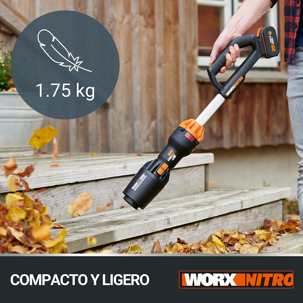 WORX WG543E Soplador de Hojas 20V-4Ah Nitro, superligero 1,7Kg, Motor brushless, 209Km/h, turbina Alto Volumen y Velocidad, para Limpieza de Jardines, Caminos y parcelas, Incluye batería y Cargador