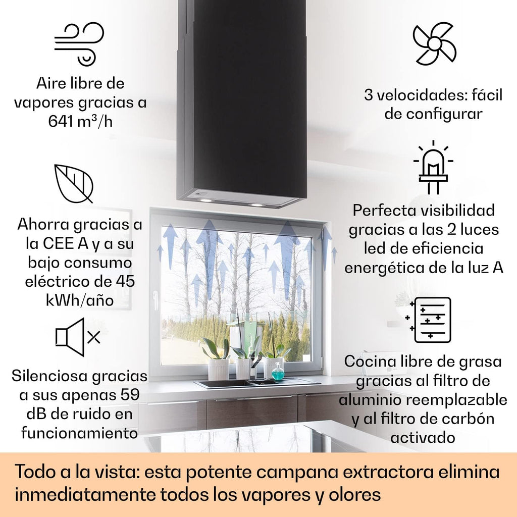 Klarstein Campana Isla Cocina, Extractor para Islas, Campana Techo Flujo Aire 641m³/h, Temporizador, Extractora Isla Regulable, Humos 3 Modos y Filtros de Carbón Activo