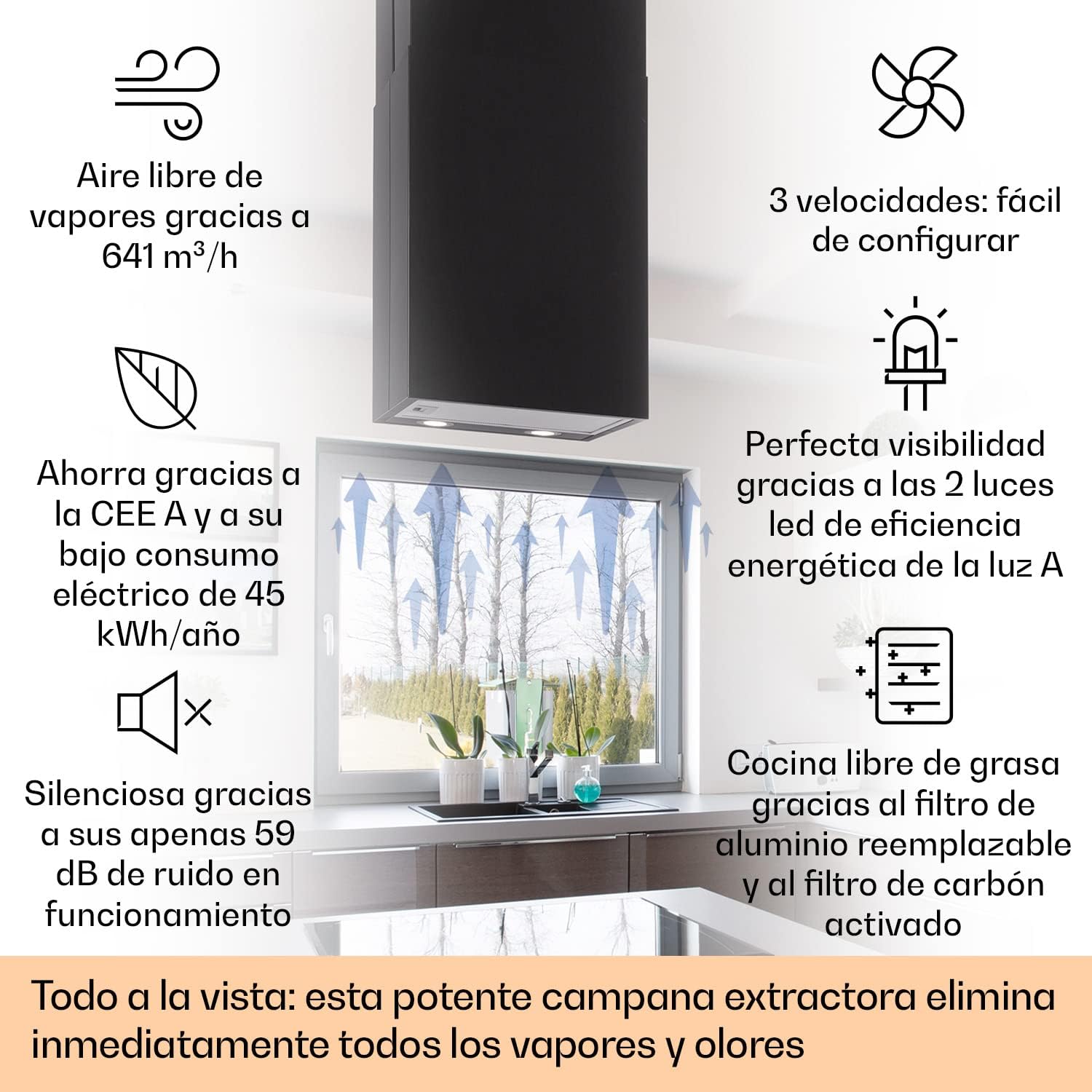 Klarstein Campana Isla Cocina, Extractor para Islas, Campana Techo Flujo Aire 641m³/h, Temporizador, Extractora Isla Regulable, Humos 3 Modos y Filtros de Carbón Activo