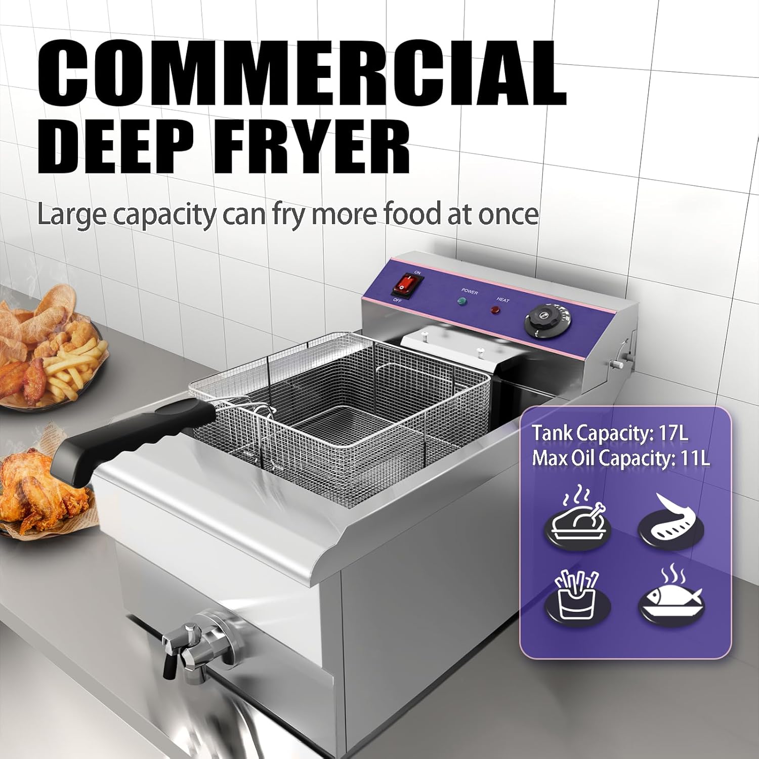 Freidora eléctrica Inox 16L Profesional Comercial, 3000W Acero Inoxidable Freidora con grifo